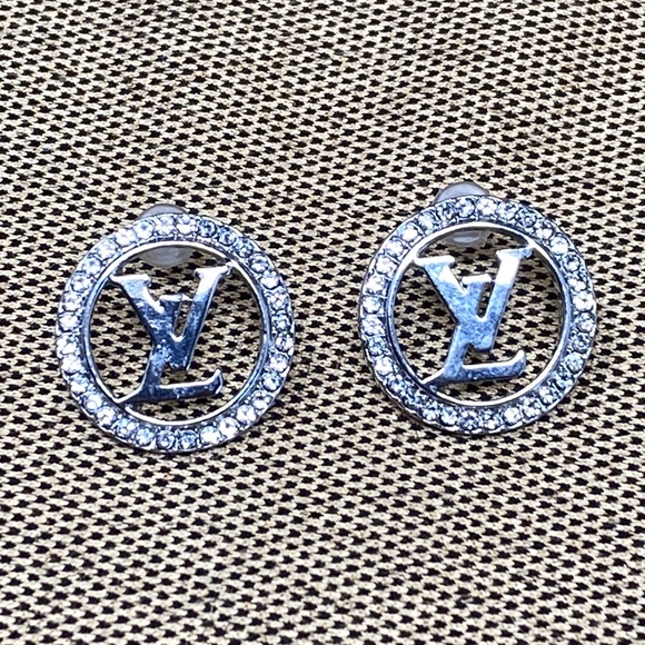 New! LV & Crystals Designer Style Silver Tone Earrings - Picture 5 of 5